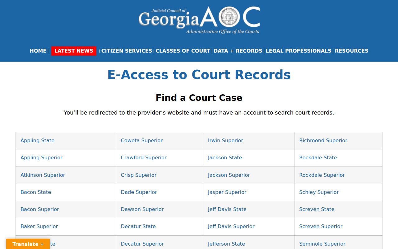 Georgia Courts E-Access court and provider routing directory for a Stewart County case lookup