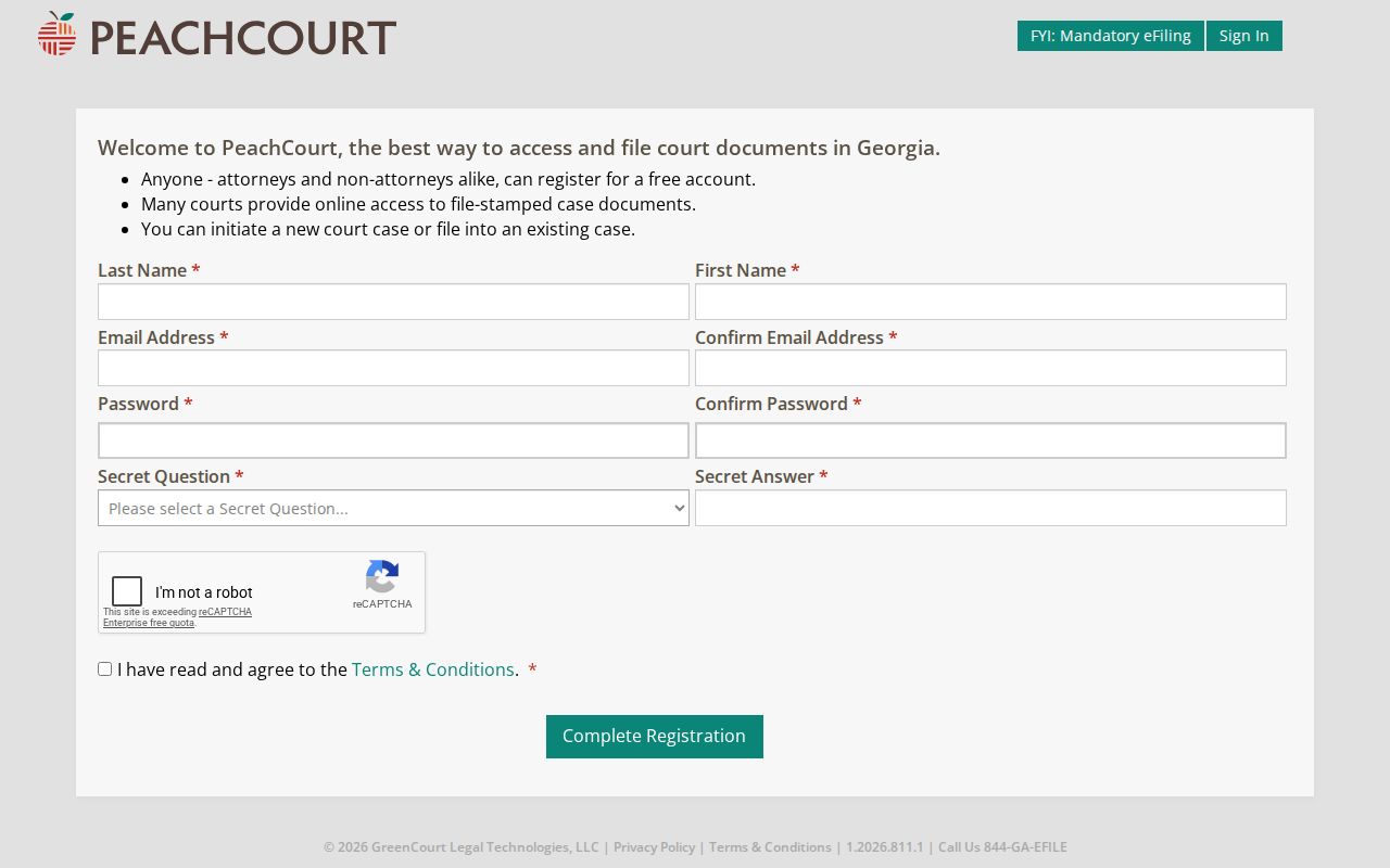 PeachCourt registration fields needed before searching Stewart County Superior Court cases
