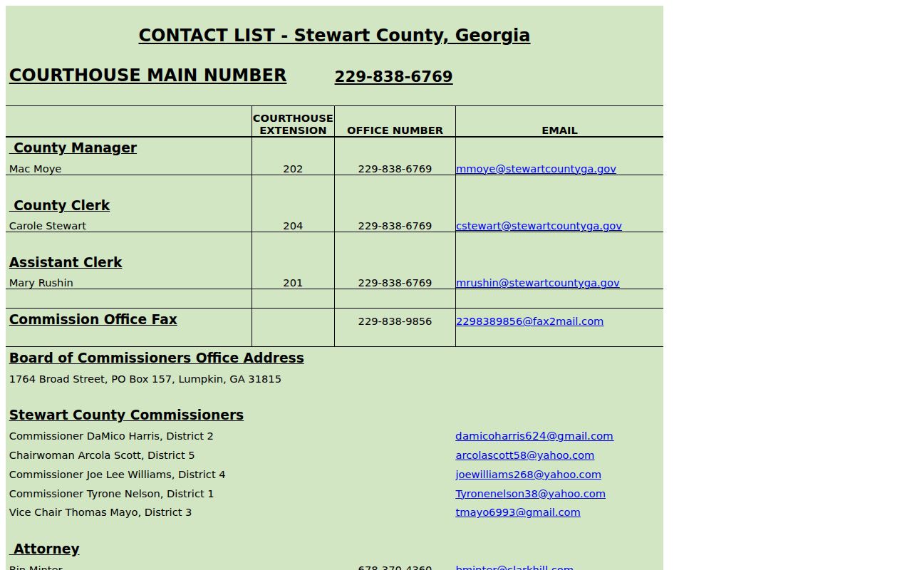 Stewart County court docket clerk contacts in the county directory