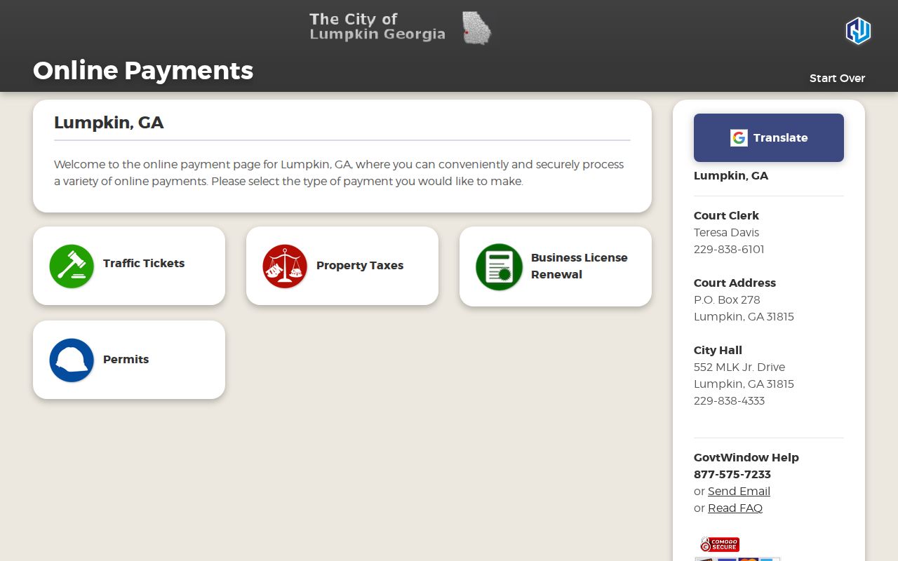 Lumpkin payment menu for Stewart County traffic tickets