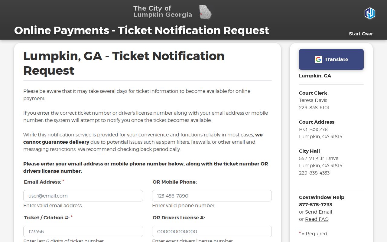 Lumpkin notification fields for Stewart County traffic tickets